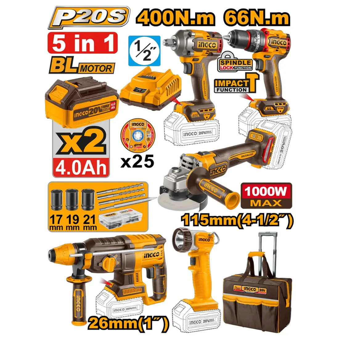 5 Pcs Cordless Industrial Combo Kit