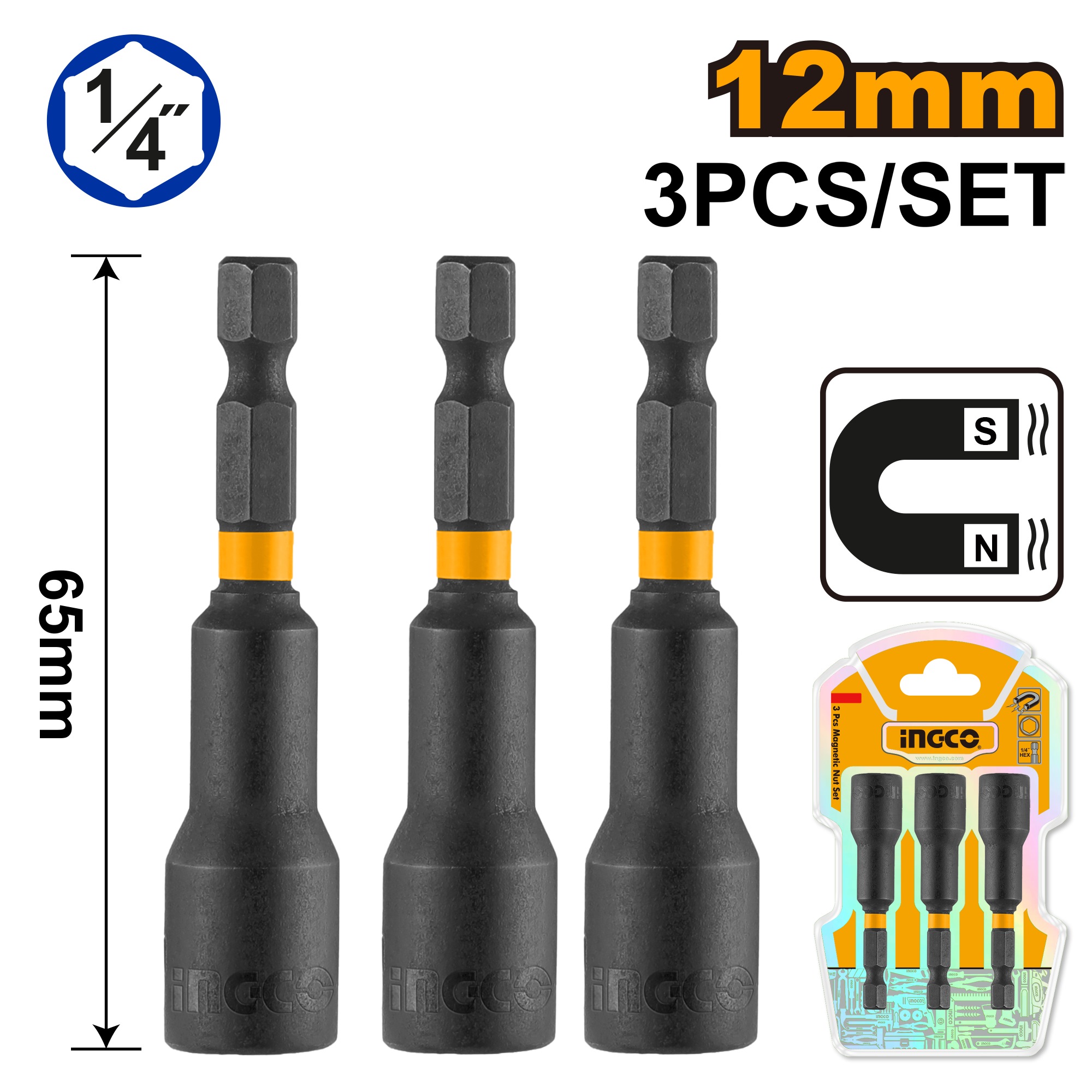 3 Pcs Impact Magnetic Nut Set